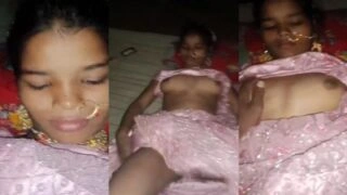 নববিবাহিত তরুণী তার স্বামীর সাথে মজা করছে